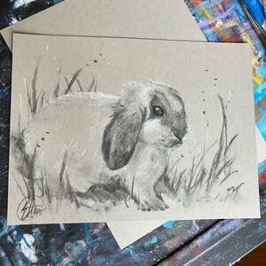 Original painting Lop Bunny rabbit  art charcoal pastel animals Artettina USA